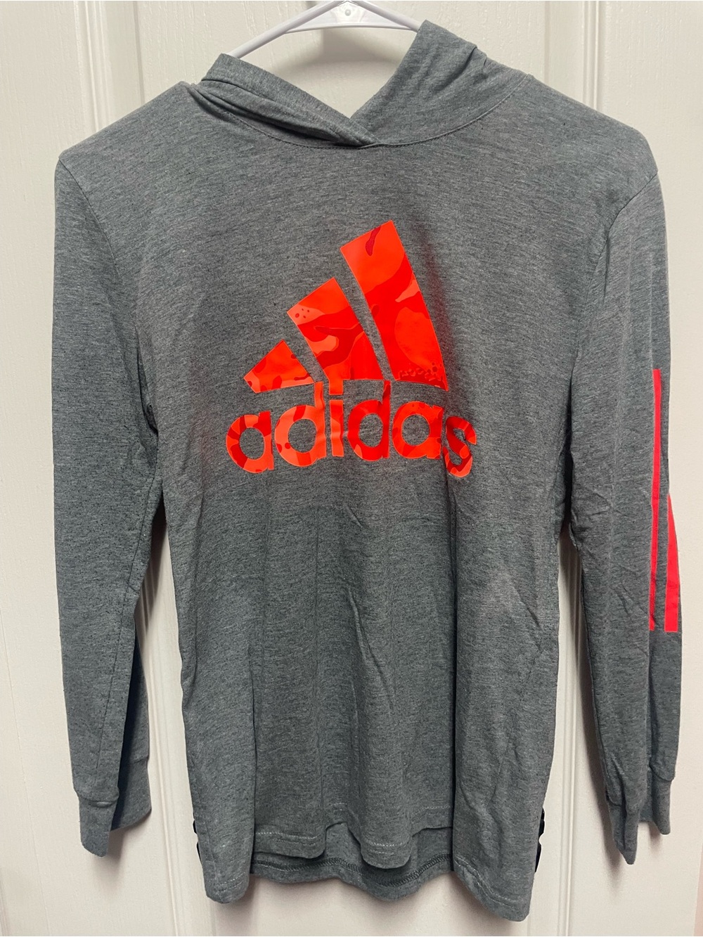 Boy’s Gray Hooded Long-Sleeve Sweater with Red Sleeve Stripes